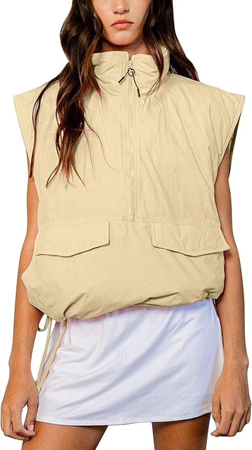 VAOYIU Womens Quilted Puffer Vest Stand Collar Half Zip Sleeveless Padded Jacket Hoodie Pullover Coat with Pockets