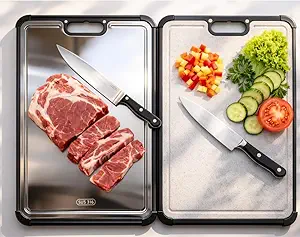 Premium 316 Stainless Steel Cutting Board for Kitchen– Double Sided,& BPA-Free Chopping Board with Food-Grade Steel &Eco-Friendly Wheat Straw PP,for Meat&Vegetables Healthy cutting boards non toxic