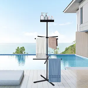 Pool Outdoor Towel Rack, 63.2 Inch Metal Heavy Duty Towel Stand for Hot Tub with 8 Bars, Free Standing Rack for Pool Spa, Drying Swimsuits, Life Jackets and Goggles Pool Accessories