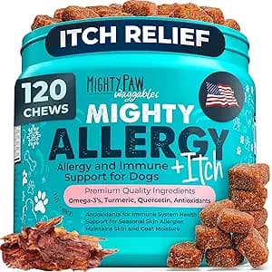 Mighty Paw Waggables Allergy Immune + Itch (Made in The USA) -Dog Chews Anti-Itch for Dogs. Allergy Support Vitamins for Skin and Coat Allergies. Omega 3 & Quercetin for Pets 120 Ct