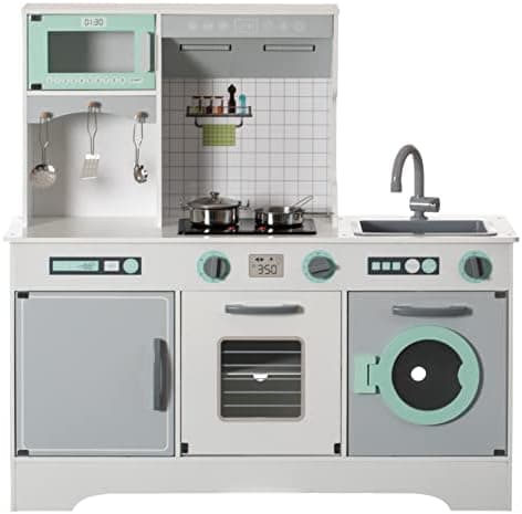 Gardenised Wooden Play Kitchen Toy, Light on Microwave, Cabinet, Washer, Sound Electronic Stove, Microwave and Sink Ages 3+