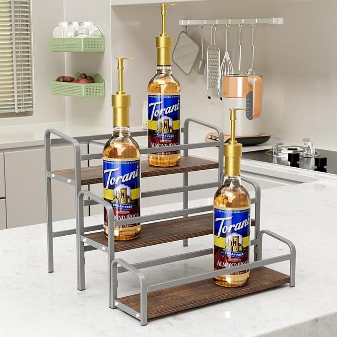 3-Tier Coffee Syrup Rack for Countertop, Large Capacity 12-Bottles Syrup Stand with Wood Shelf &amp; Metal Frame for Coffee Bar, Premium Grey Coffee Organizer Station/Wine Rack for Kitchen Storage