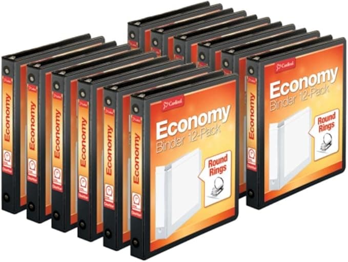 Cardinal Economy 3-Ring Binders, 1", Round Rings, Holds 225 Sheets, Clearvue Presentation View, Non-Stick, Black, Carton of 12