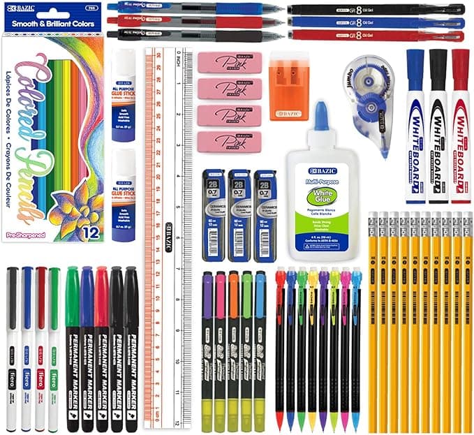 BAZIC Products Products School Kit 66 Pieces, School Supplies Bundle Pack for K-12 Grade Student, Pencil, Eraser, Highlighter, Dry Erase Marker, Glue, Correction, 1-Pack