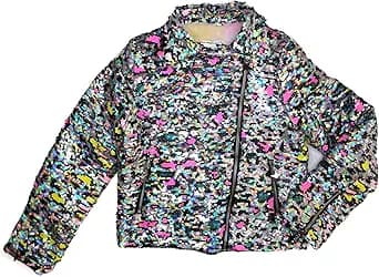 Girls Leopard Silver Biker Jacket with Soft Tie Dye Fleece Lining, Side Pockets