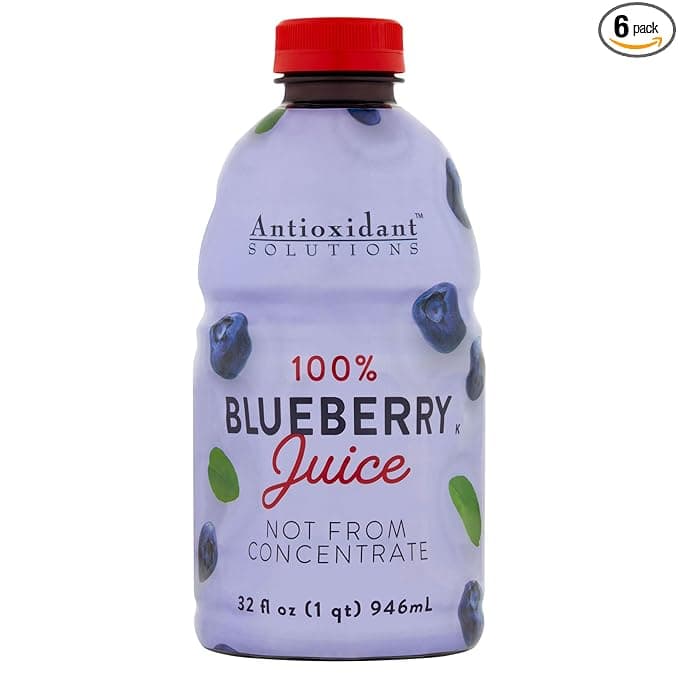Antioxidant Solutions 100% Blueberry Juice - No Added Sugar - High in Antioxidants - 32 fl oz Bottles (6-Pack)