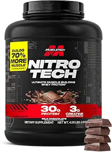 MuscleTech Whey Protein Powder (Milk Chocolate, 4LB) - 30g Protein | Nitro-Tech Ultimate Muscle Building Formula with Whey Protein Isolate - 3g of Creatine & 6.8g of BCAA - Packaging May Vary