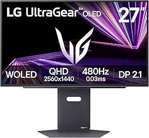 LG 27GX790A-B 27-inch Ultragear OLED Gaming Monitor QHD 1440p 480Hz, 0.03ms, DisplayPort 2.1, True Black 400, NVIDIA G-Sync, AMD FreeSync Premium Pro, HDMI, USB, Tilt/Height/Swivel/Pivot Stand, Black