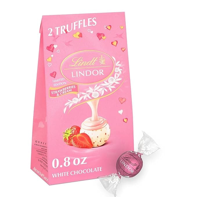 Lindt LINDOR Valentine's Strawberries and Cream White Chocolate Candy Truffles Mini Bag, 0.8 oz. Bag, Case of 24
