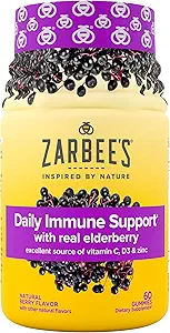 Zarbee’s Elderberry Gummies Daily Immune Support Supplement with Vitamins A C D E & Zinc, Black Elderberry Extract, Natural Berry Flavor, Vegetarian, Gelatin-Free, 60 ct