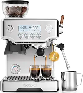COUPLUX Smallest 58MM Espresso Machine with Grinder, 5 Temp 205℉ Max | 30 Grind Settings with Anti-static, 15 Bar Espresso Machine with Powerful Milk Frother for Americano, Cappuccino, Latte