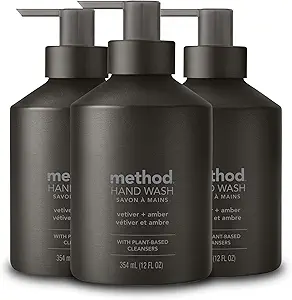 Method Gel Hand Soap, Vetiver + Amber, Reusable Black Aluminum Bottle, 12 oz (Pack of 3)