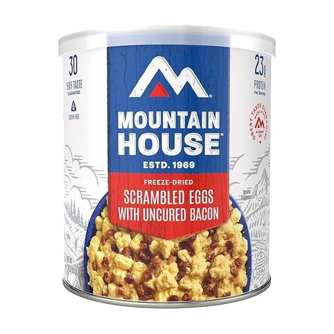Mountain House Gluten-Free Scrambled Eggs with Uncured Bacon Freeze-Dried Food for Camping, 9 Servings, 30-Year Shelf-Life
