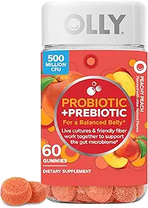 OLLY Probiotic + Prebiotic Gummy, Digestive Support and Gut Health, 500 Million CFUs, Fiber, Adult Chewable Supplement for Men and Women, Peach, 60 Day Supply - 60 Count