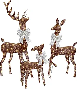 Retisee 3 Pcs 5 ft Large Lighted Reindeer Family Set for Christmas Decoration Giant 3D Deer with 340 Warm LED Lights Christmas Xmas Holiday Outdoor Yard Garden Lawn Decoration, Zip Ties(Brown)