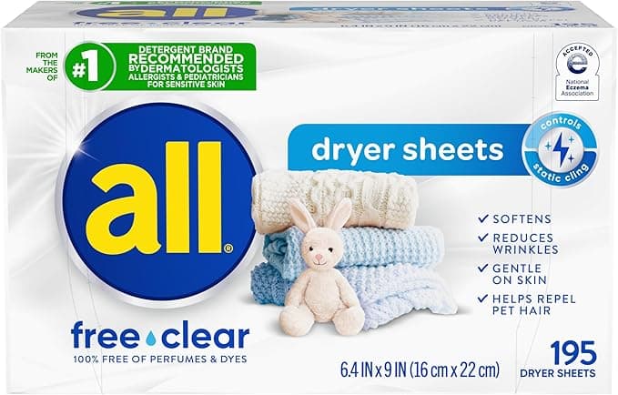 all Fabric Softener Dryer Sheets for Sensitive Skin, Free Clear, 195 Count