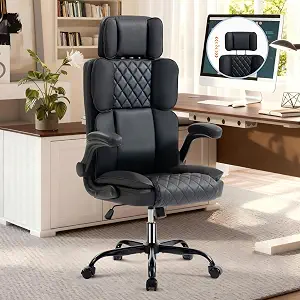 Office Chair with Adjustable Headrest - Executive Leather Desk Chair for Home Office, with Flip-Up Arms & Ergonomic Lumbar Support, Perfect for Work and Study, Black