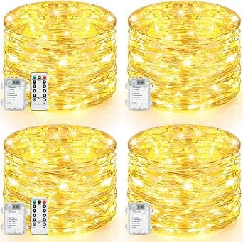Lakumu 4-Pack 132FT 400LED Fairy Lights, Battery Operated String Lights with Timer & Remote, 8 Modes, Waterproof Twinkle Lights for Indoor Outdoor Bedroom Wedding Decor, Warm White(33FTx4)