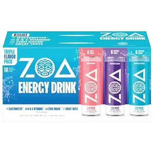 ZOA Zero Sugar Energy Drink Variety Pack, Sugar Free with Electrolytes, Healthy Vitamin C, Amino Acids, Essential B-Vitamins, and Caffeine from Green Tea, 18 12 oz cans, White Peach, Tropical Punch, Frosted Grape