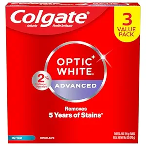 Colgate Optic White Advanced Hydrogen Peroxide Toothpaste Pack, Teeth Whitening Toothpaste, Enamel-Safe Hydrogen Peroxide Formula, Helps Remove Tea, Coffee, and Wine Stains, Icy Fresh, 3 Pack, 3.2 oz