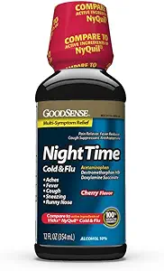 GoodSense Nighttime Cold & Flu Liquid Medicine, Cherry Flavor, 6-Hour Relief for Fever, Sore Throat, Sneezing, Runny Nose, Cough & Aches, 12 Fl Oz