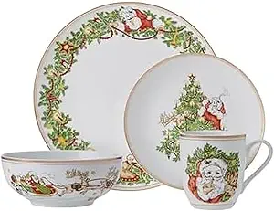 Fitz and Floyd St. Nicholas Gold Banded Holiday 16 Piece Dinnerware Set, Service for 4