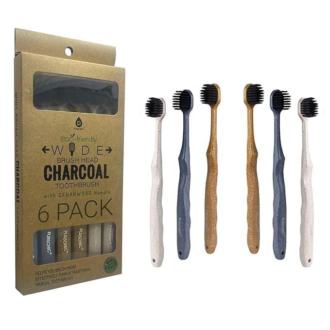 Pursonic Wide Brush Head Charcoal Toothbrush with Eco-Friendly Cedarwood Handle, 6-Pack