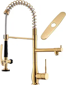 GIMILI Brushed Gold Kitchen Faucet with Pull Down Sprayer Single Handle High Pressure Brass Kitchen Sink Faucet Commercial Double-Headed Kitchen Faucets Sink with Deck Plate
