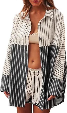 Womens Oversized Button Down Shirt Casual Striped Long Sleeve Dress Shirts Loose Collared Blouses Boyfriend Tops