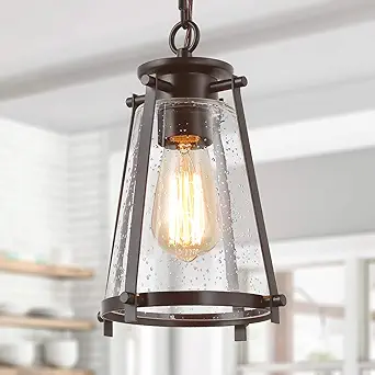 Farmhouse Pendant Lighting for Kitchen Island, Rustic Hanging Light Fixture with Seeded Glass Shade for Bedroom, Foyer and Entryway, Bronze