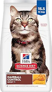 Hill's Science Diet Adult 7+ Hairball Control Dry Cat Food, Chicken, 15.5 lb. Bag