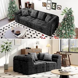 Modular Sectional Sofa Cloud Couch, No Assembly Sleeper Sofa Bed for Living Room, Deep Seat Comfy Couch with Pillows, Convertible Loveseat & Chaise Sofa, Storage Pocket, Chenille Fabric, Grey