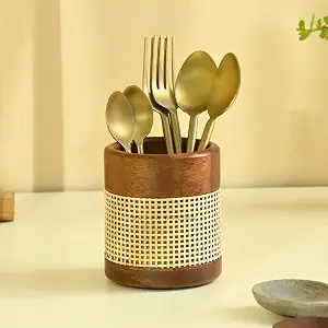 Brick Brown® Premium Wooden Tresso Cutlery Holder Spoon Stand for Kitchen | Spoon Holder for Dining Table | Wooden Caddy Storage Organizer Stand with Removable Section Caddy Holder (4x4x4.5 inch)