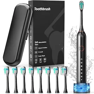 Electric Toothbrush for Adults & Teens, Sonic Rechargeable Toothbrush with 8 Brush Heads & Travel Case, 40000 VPM, 6 Modes, 2-Minute Timer, IPX7 Waterproof, Wireless Charging Base, Black