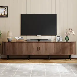 ONBRILL 94.5" TV Stand with Power Outlet for TVs up to 102 Inch, Entertainment Center with Storage and Adjustable Shelves, Modern Media Console with Sliding Doors for Living Room, Walnut