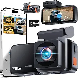 Dash Cam Front and Rear: 4K+2.5K Dash Camera for Cars Free 64GB Card