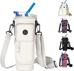 Water Bottle Holder with Strap for Stanley 40oz Tumbler with Handle, Water Bottle Carrier Bag with Phone Pocket, Wrap Around Drink Pocket Carrier with Adjustable Shoulder Strap & Carabiner