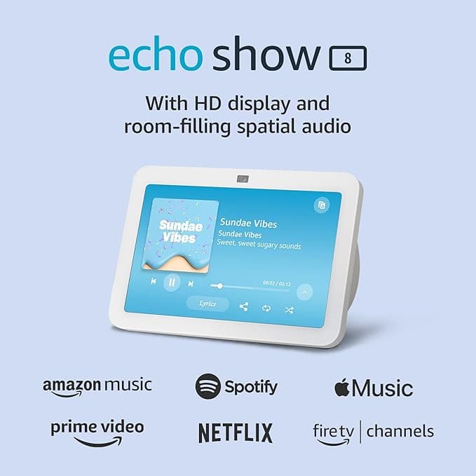 Amazon Echo Show 8, With Spatial Audio, Smart Home Hub, ideal for open living spaces, includes Alexa, Glacier White