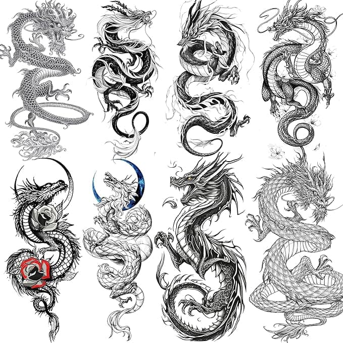 8 Sheets Cool Dragon Temporary Tattoos For Men Women Adults, Black Realistic Dragon Tattoo Sticker Half Arm Sleeve, Waterproof Tribal Totem Fake Tattoos That Look Real and Long Lasting Set Kit