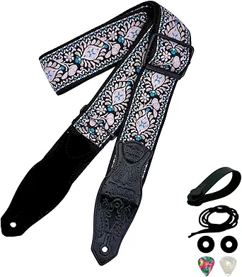 rockyou Double-Layer Padded Guitar Strap with 4 Pick Holders, beauty Leather Ends & Metal Buckles