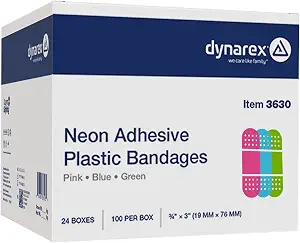 Dynarex Neon Colorful Plastic Adhesive Bandages - Blue, Green, Pink - Water-Resistant and Sterile, Non-Stick Pad First Aid - 3/4" x 3", Case of 24 Boxes, 100 per Box