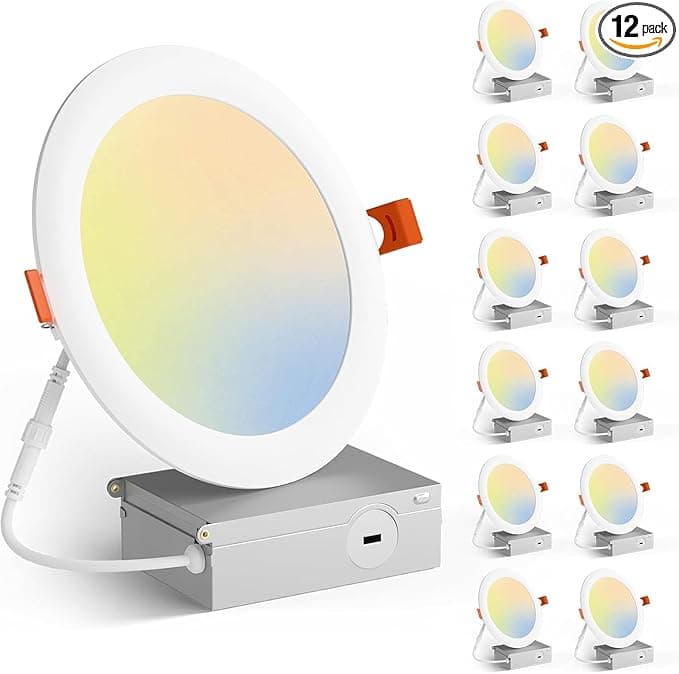 NBV 6 Inch 5CCT Ultra-Thin LED Recessed Ceiling Light with Junction Box, 1260Lm Brightness, Dimmable Canless Wafer Downlight, 12W, ETL &amp; FCC (12 Packs)