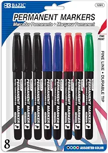 BAZIC PRODUCTS Assorted Permanent Markers, Fine Tip, Pocket Clip, 8 Count, for Labels Signs Boxes Glass