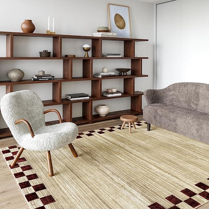 Rugs USA Pompeii Checked Border Area Rug, 5' x 7'10", Red