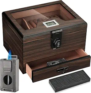 LIHTUN Cigar Humidor and Cigar Lighter Kit, Cedar Wood Cigar Case with Digital Hygrometer and Combo Lock, Multi-Function All-in-1 Butane Lighter and Humidor Box, Cigar Gift for Men, Can Hold 50 Cigars