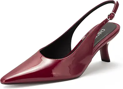 Women's Slingback Pumps - Pointed Toe Sandals, Low Kitten Heel, Elegant Dress Shoes with Buckle Strap