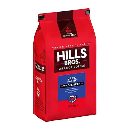 Hills Bros. Dark Satin Whole Bean Coffee – Rich and Bold Premium Arabica Coffee Beans – Orthodox Union Kosher – Dark Roast, Fresh Grind for Best Aroma &amp; Taste – Dark Satin, 1 Pack of 24oz