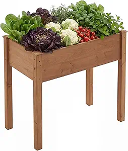 DUMOS Raised Garden Bed with Legs, 34x18x30 Inch Planter Box Outdoor with Liner for Herbs Flowers Vegetables, Elevated Wooden Garden Bed for Patio, Balcony and Backyard, Brown