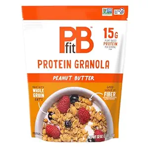 PBfit Peanut Butter Protein Granola, 15g Plant-Based Protein 22% DV, Made with Whole Grain Oats and Chia Seeds, Gluten Free, for Protein Snacks Cereals Breakfast Yogurt, 32 Oz Bag