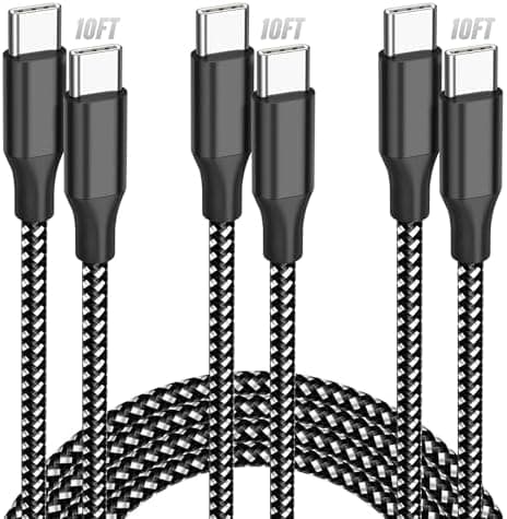 SwaggWood USB C to USB C Cable, 3-Pack 10FT 60W USBC Fast Charging Cable Nylon Braided Type C Charger Cord for iPhone 17/16/15/iPad Pro/MacBook Air and More